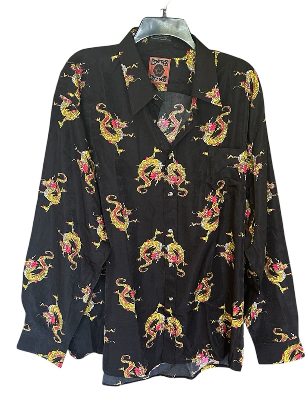 Vintage 90s Dagacci Dragon Print Button Up Shirt Mens Black Gold Red XXL